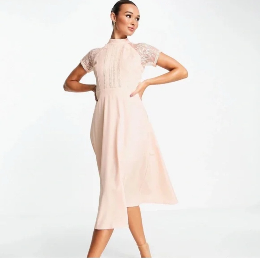 ASOS Liquorish A-line Lace Detail Midi Dress In Mink-pink